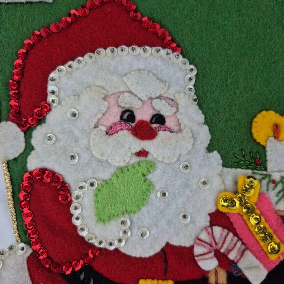 Vintage Handmade Felt Sequins Christmas Stocking with Santa, Fireplace, Presents - Picture 9 of 16